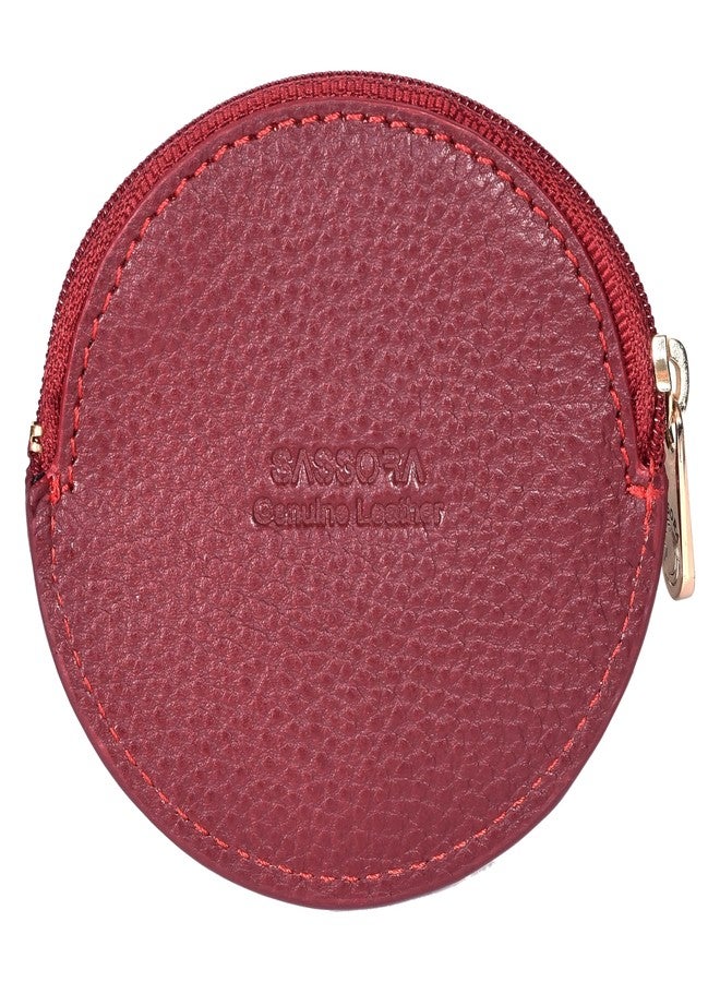 Sassora Genuine Leather Slim Coin Purse Pouch | Compact Case for Jewellery, Earphones & Small Essentials | Mini Oval Wallet for Women (Cherry) - Image 5
