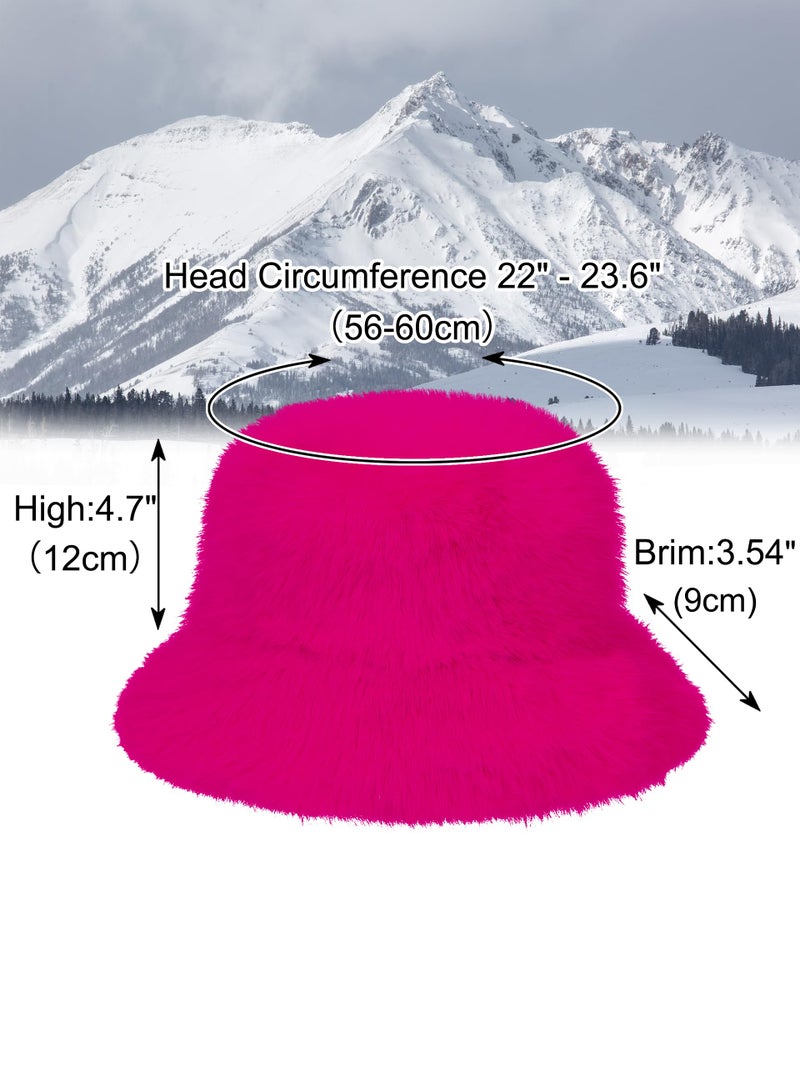 LA CARRIE Women's Fuzzy Wide Brim Faux Fur Bucket Hat Winter Warmer Fisherman Cap(Hot Pink) - Image 3