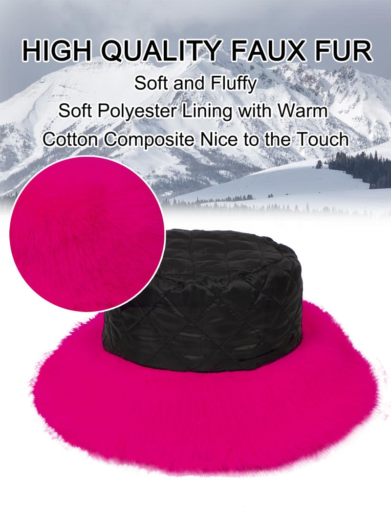 LA CARRIE Women's Fuzzy Wide Brim Faux Fur Bucket Hat Winter Warmer Fisherman Cap(Hot Pink) - Image 2