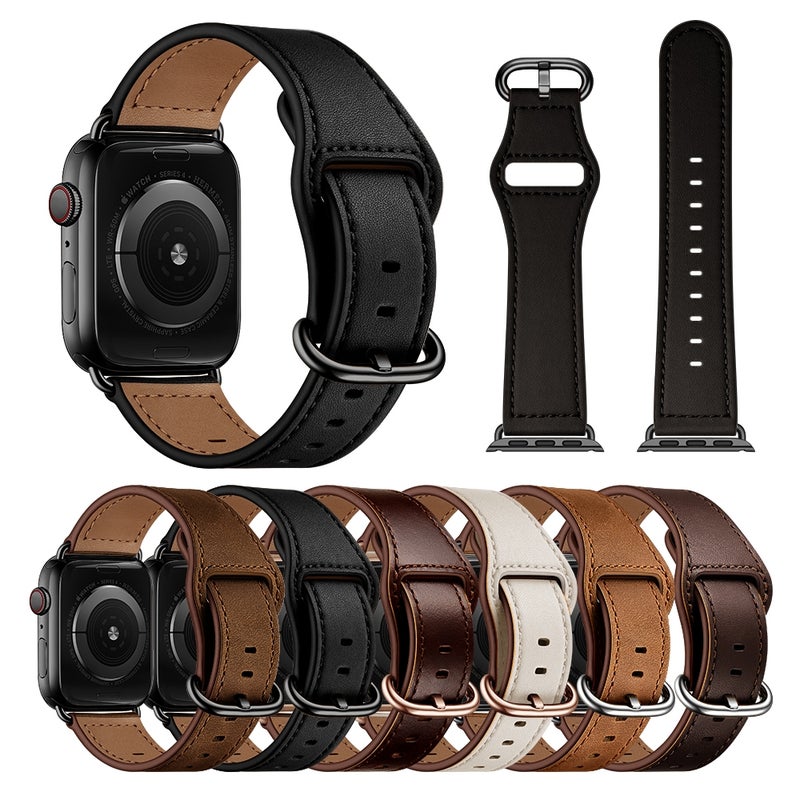 Genuine Leather Watch Band For Apple Watch Ultra 49mm&Watch Ultra 2 49mm / Series 9&8&7 45mm / SE 3&SE 2&6&SE&5&4 44mm / 3&2&1 42mm(Black)