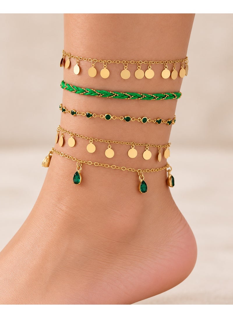A set of green and gold anklets suitable for celebrating Founding Day, Saudi National Day, or any other occasions, 5 pieces. - Image 1