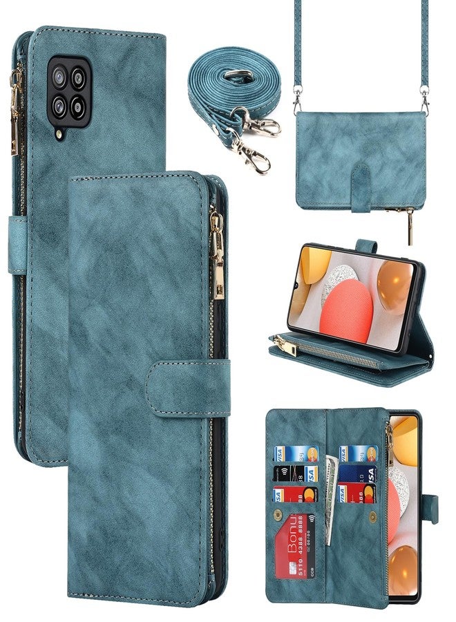 Jaorty for Samsung Galaxy A42 Phone Wallet Case for Women with Card Holder,Crossbody Galaxy A42 Case with Strap Lanyard,Zipper Pocket Magnetic Flip Leather Galaxy A42 Case,6.6" Blue - Image 1