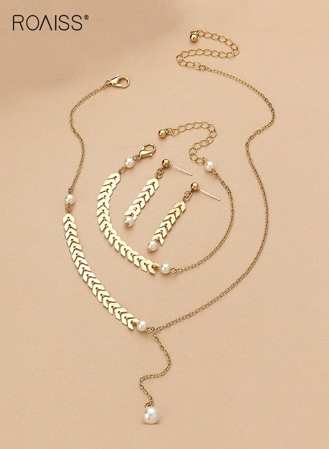 رويس طقم مجوهرات نسائي، عقد لؤلؤ بسيط من أذن القمح للسيدات، طقم قلادة وأقراط عصري متعدد الاستخدامات، مجوهرات أنيقة بألوان رائعة، مثالية للعطلات والذكرى السنوية والحفلات، ذهبي - Image 1