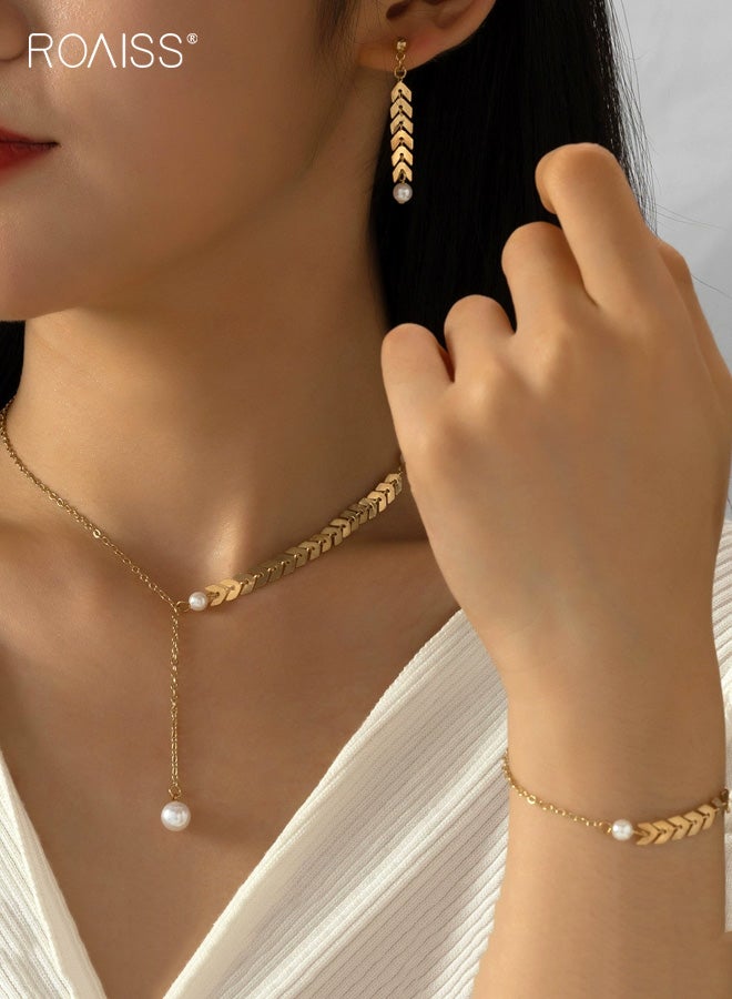 رويس طقم مجوهرات نسائي، عقد لؤلؤ بسيط من أذن القمح للسيدات، طقم قلادة وأقراط عصري متعدد الاستخدامات، مجوهرات أنيقة بألوان رائعة، مثالية للعطلات والذكرى السنوية والحفلات، ذهبي - Image 2