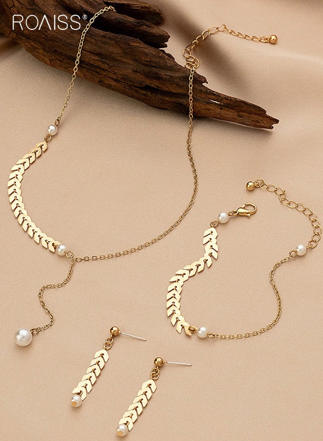 رويس طقم مجوهرات نسائي، عقد لؤلؤ بسيط من أذن القمح للسيدات، طقم قلادة وأقراط عصري متعدد الاستخدامات، مجوهرات أنيقة بألوان رائعة، مثالية للعطلات والذكرى السنوية والحفلات، ذهبي - Image 3