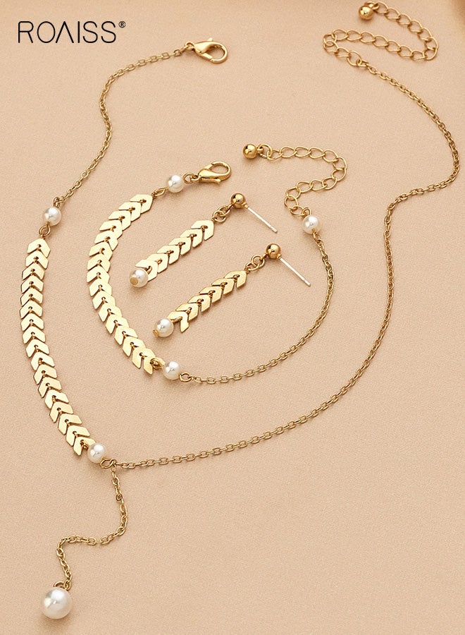 رويس طقم مجوهرات نسائي، عقد لؤلؤ بسيط من أذن القمح للسيدات، طقم قلادة وأقراط عصري متعدد الاستخدامات، مجوهرات أنيقة بألوان رائعة، مثالية للعطلات والذكرى السنوية والحفلات، ذهبي - Image 4
