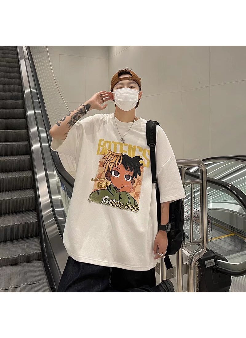 Generic - Hong Kong Style Mens Short Sleeve T-shirt American Vintage Trendy Brand Loose Fit Hip Hop Male Body T-shirt Summer White - Image 1