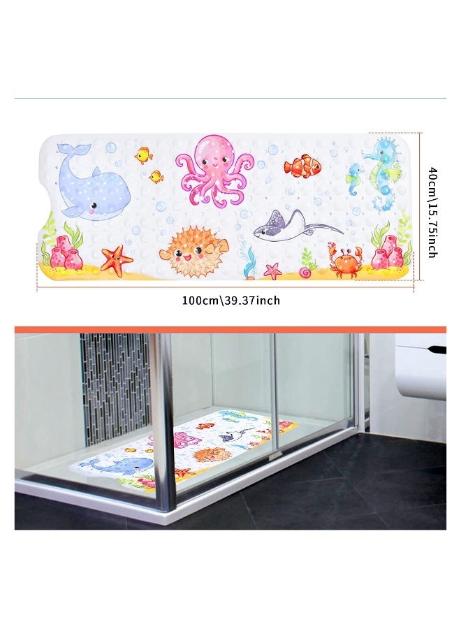 Large Non-Slip Bathtub Mat for Kids, 40x16 Inch Anti-Slip Shower Mat for Toddlers and Babies, Suction Cups & Drain Holes, Machine Washable (Sea World Design) - Image 2