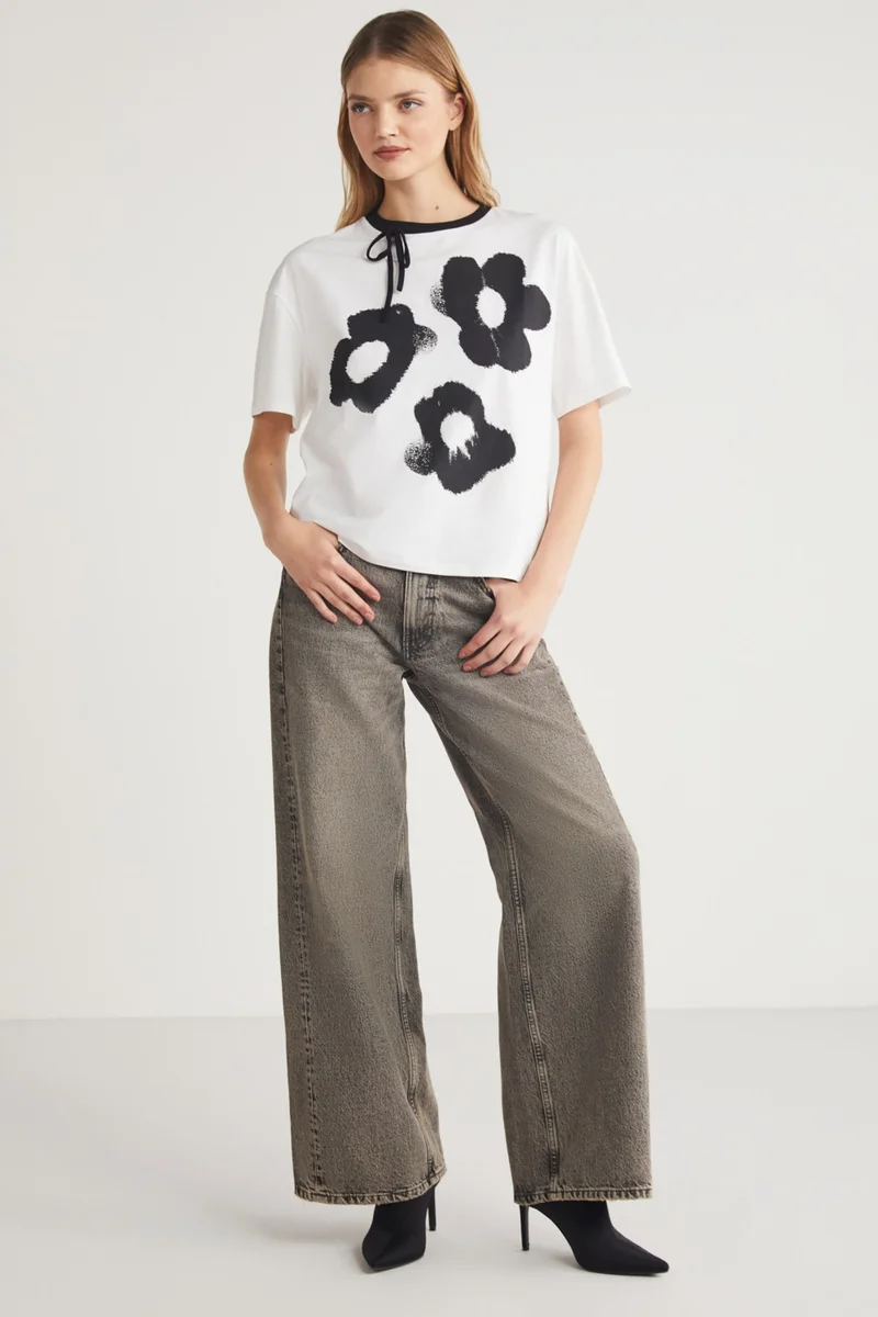 جريميلانج Rubie Women's Cotton Crew Neck Piece Printed Tie Detail White T-Shirt