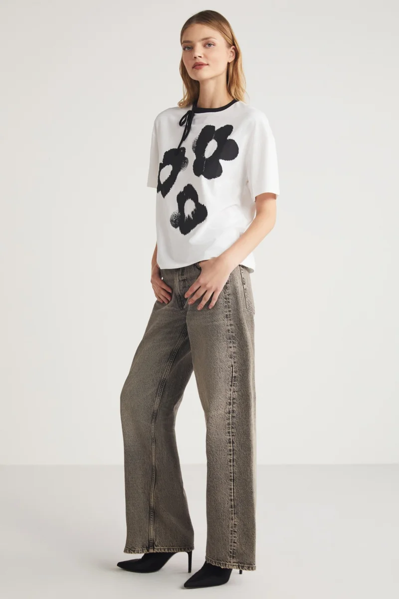 جريميلانج Rubie Women's Cotton Crew Neck Piece Printed Tie Detail White T-Shirt