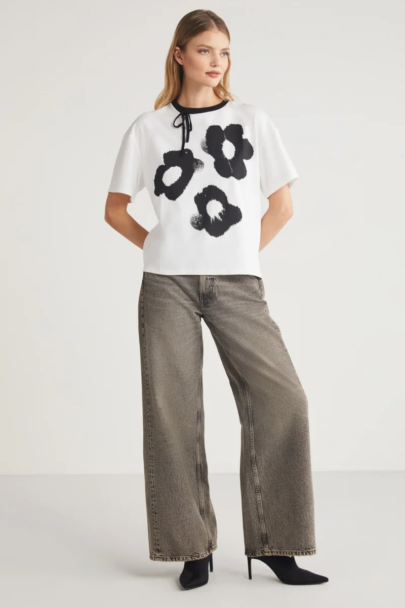 جريميلانج Rubie Women's Cotton Crew Neck Piece Printed Tie Detail White T-Shirt