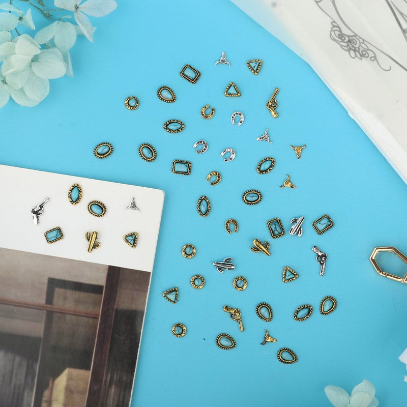 Ohmique 50 PCS Turquoise Nail Charms - 3D Western Nail Charms Vintage Turquoise Gems Stones Art, Retro Metal Gold Silver Cowboy Cowgirl Western Art Stickers Accessories Women DIY - Image 4