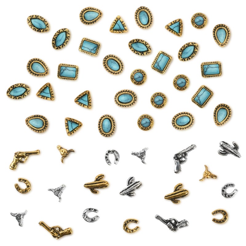 Ohmique 50 PCS Turquoise Nail Charms - 3D Western Nail Charms Vintage Turquoise Gems Stones Art, Retro Metal Gold Silver Cowboy Cowgirl Western Art Stickers Accessories Women DIY - Image 1