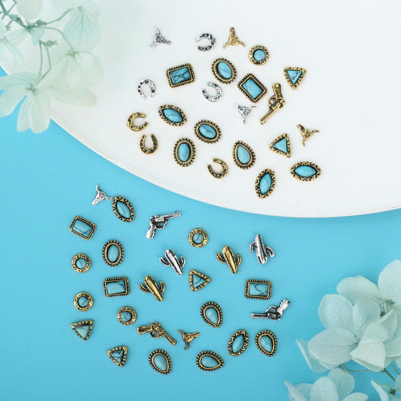 Ohmique 50 PCS Turquoise Nail Charms - 3D Western Nail Charms Vintage Turquoise Gems Stones Art, Retro Metal Gold Silver Cowboy Cowgirl Western Art Stickers Accessories Women DIY - Image 3