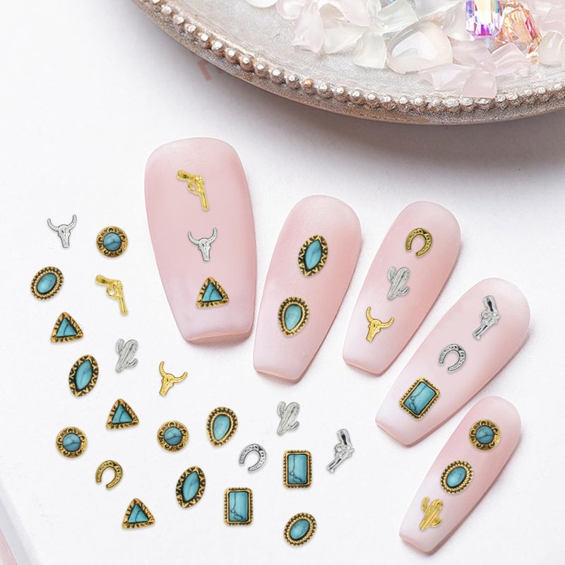 Ohmique 50 PCS Turquoise Nail Charms - 3D Western Nail Charms Vintage Turquoise Gems Stones Art, Retro Metal Gold Silver Cowboy Cowgirl Western Art Stickers Accessories Women DIY - Image 5