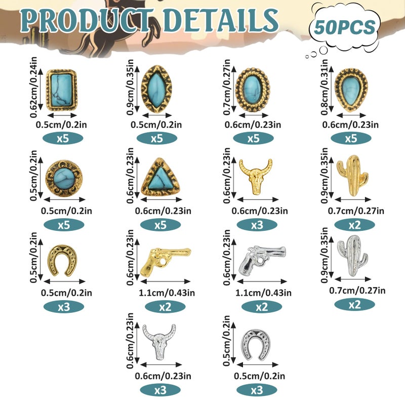 Ohmique 50 PCS Turquoise Nail Charms - 3D Western Nail Charms Vintage Turquoise Gems Stones Art, Retro Metal Gold Silver Cowboy Cowgirl Western Art Stickers Accessories Women DIY - Image 2