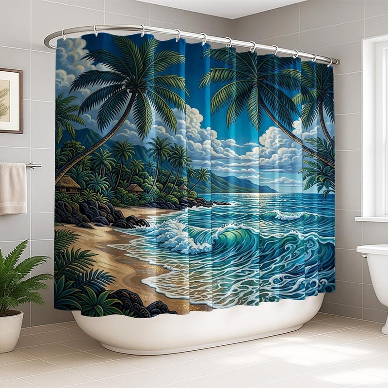 Palm Trees Extra Wide Shower Curtain, Tropical Coastal Ocean Waves Beach Summer Blue Washable with Hooks Clawfoot Tub Shower Curtains Decor for Bathroom Guest Room 108x72 Inch - Image 1