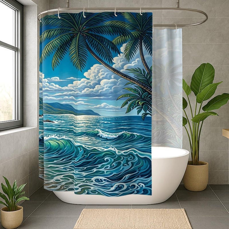 Palm Trees Extra Wide Shower Curtain, Tropical Coastal Ocean Waves Beach Summer Blue Washable with Hooks Clawfoot Tub Shower Curtains Decor for Bathroom Guest Room 108x72 Inch - Image 3