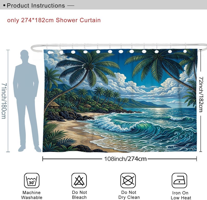 Palm Trees Extra Wide Shower Curtain, Tropical Coastal Ocean Waves Beach Summer Blue Washable with Hooks Clawfoot Tub Shower Curtains Decor for Bathroom Guest Room 108x72 Inch - Image 2
