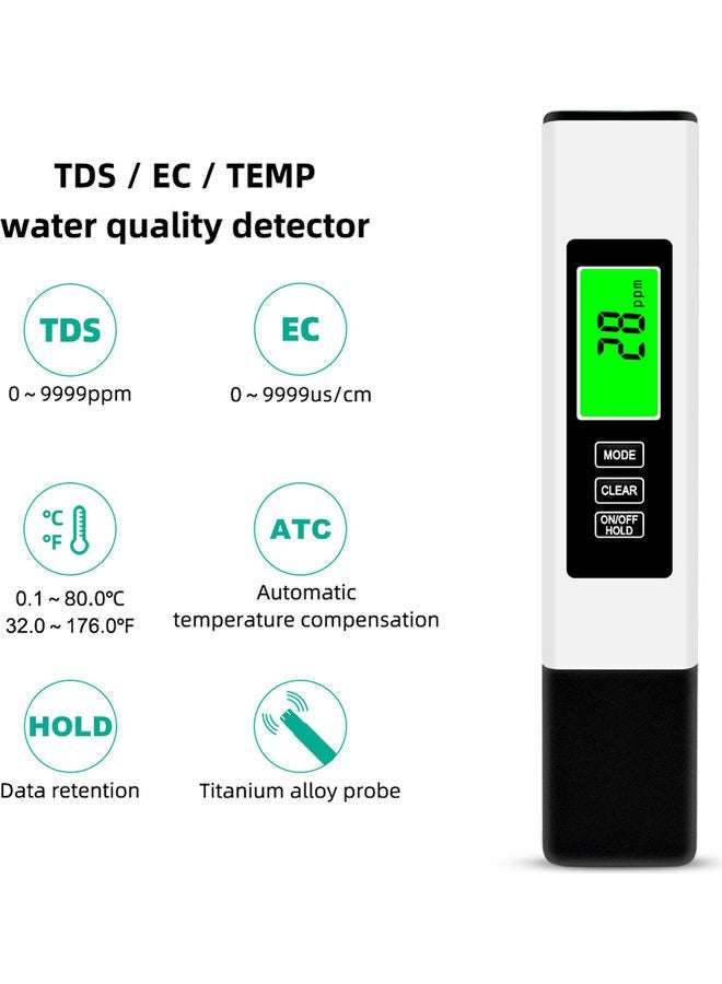 اليشمك جهاز قياس نسبة الاملاح في الماء الرقمي 3 في 1 أبيض/ أسود - Image 5