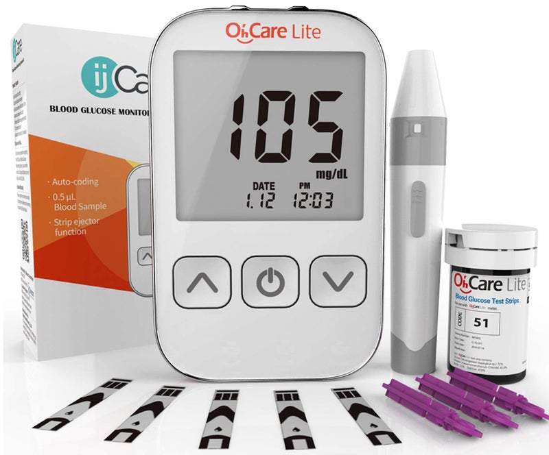 ijCare مجموعة اختبار سكر الدم Oh’Care Lite - جهاز قياس سكر الدم مع شرائط وإبر، جهاز وخز، سجل، وحقيبة - جهاز قياس سكر الدم بإخراج لمسة واحدة (50 شريط و 50 إبرة) - Image 1