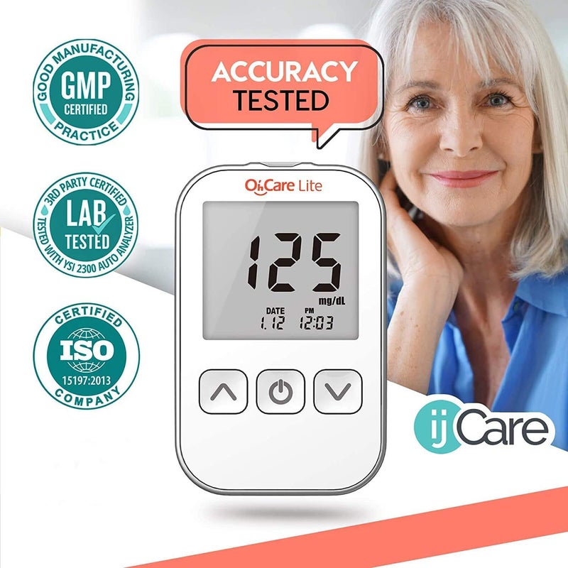 ijCare مجموعة اختبار سكر الدم Oh’Care Lite - جهاز قياس سكر الدم مع شرائط وإبر، جهاز وخز، سجل، وحقيبة - جهاز قياس سكر الدم بإخراج لمسة واحدة (50 شريط و 50 إبرة) - Image 2