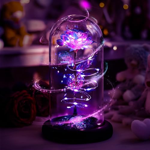 Childom Birthday Gifts for WomenChristmas rose Gifts For Women Her MumRotating Colorful Purple Light Up Rose In Glass DomeSpinning for WeddingEngagementAnniversaryGraduation