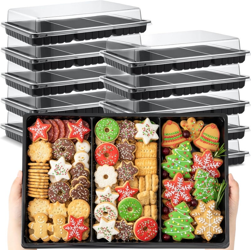 Shellwei 10 Pack Christmas Charcuterie Board with Lid 3 Section Divided Cookie Trays Large 15 x 10 Inch Disposable Travel Catering Serving Trays Platter for Christmas (Black) - Image 1