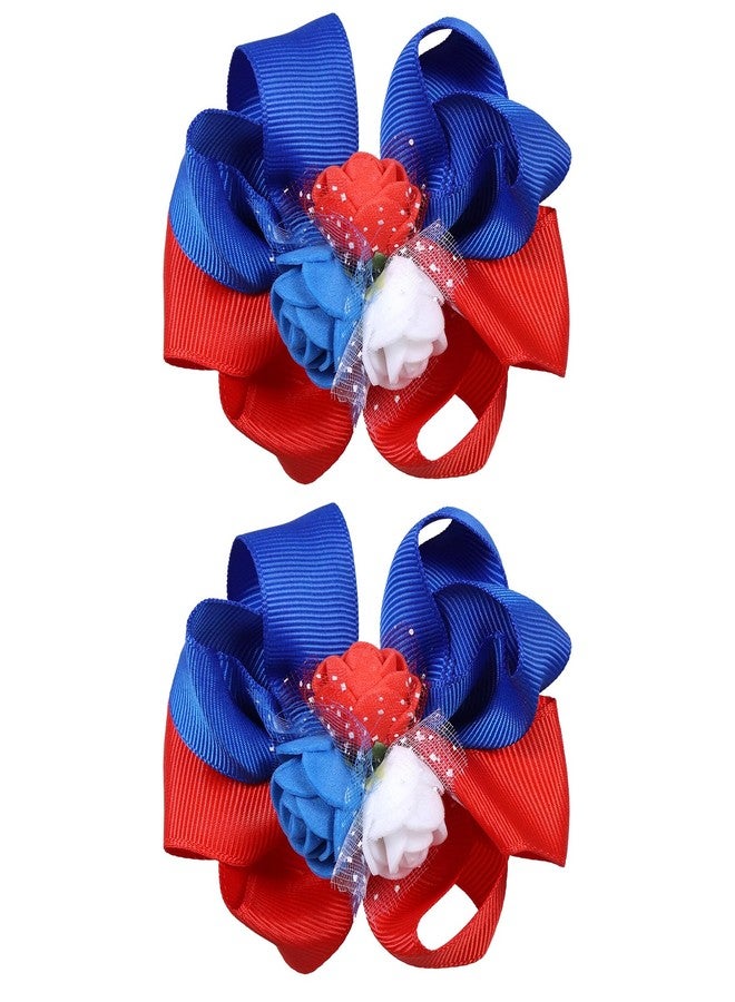 melyde Flower Hair Bow Clips 3 Inch Handmade Kids Girls Cute Hairpins Grosgrain Ribbon Rose Hair Accessories for School Party Prom, Red&Blue - Image 1