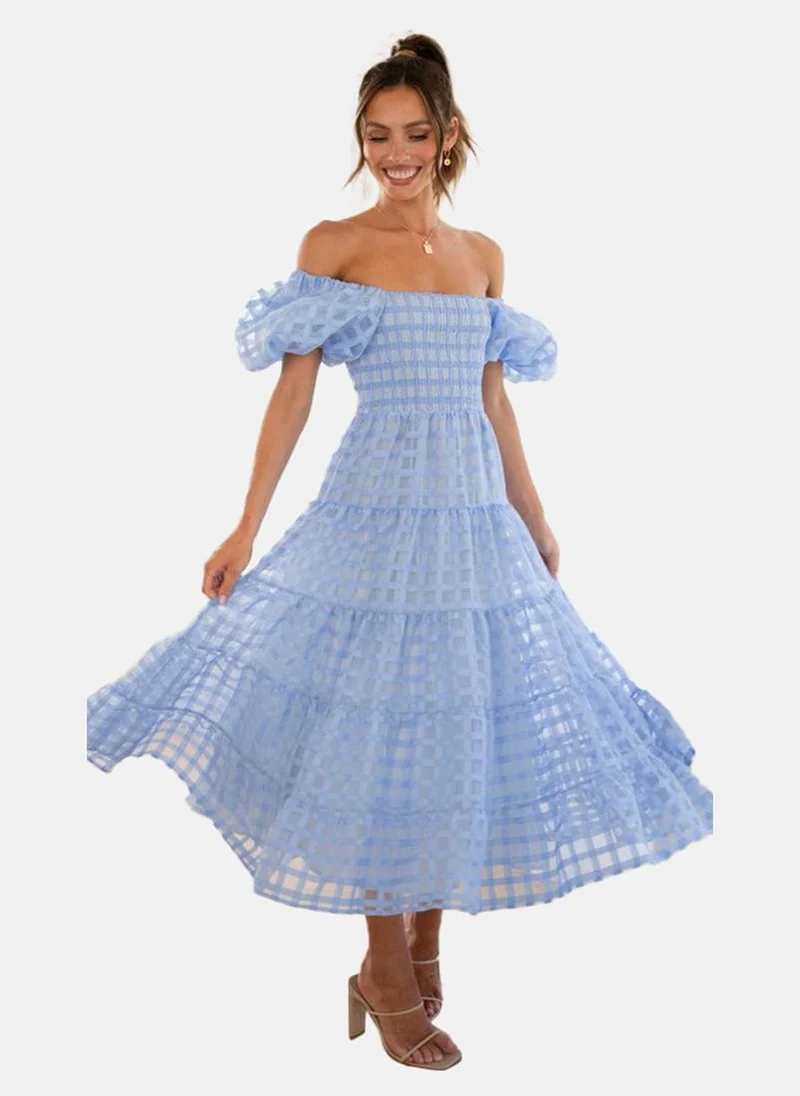 YUNIQEE Light Blue Off-Shoulder Self Design Fit & Flared Dress