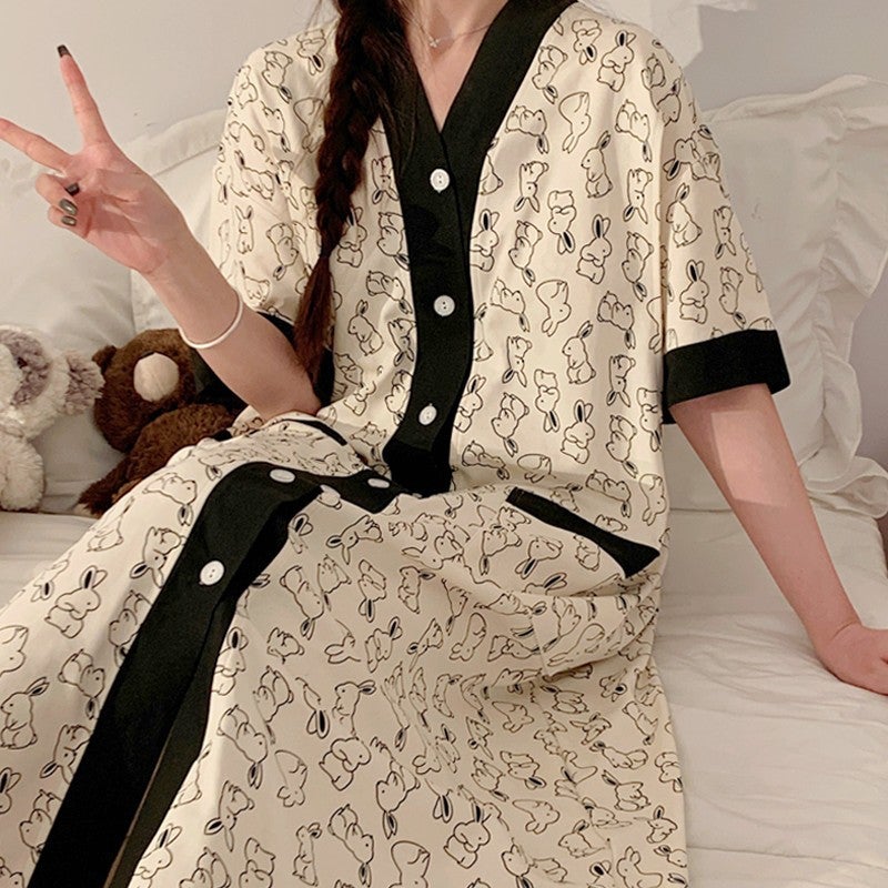 Summer Maternity Pajama Dress with Nursing Bra 58012 painting adorable rabbit [with chest pad]]