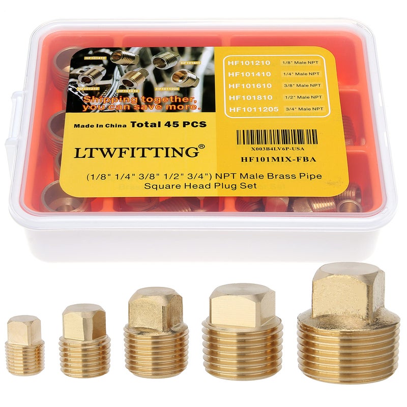 LTWFITTING Assortment Kit 18 14 38 12 34 NPT Male Brass Pipe Square Head Plug Set Pack of 45