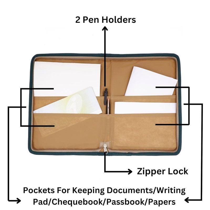 Asraw A4 Jute Professional File Folder Document Zipper Organizer for Corporate Meetings, Interview Portfolio, Certificates, Document Holder, Jute Conference File Folder (Beige-Green) - Image 4