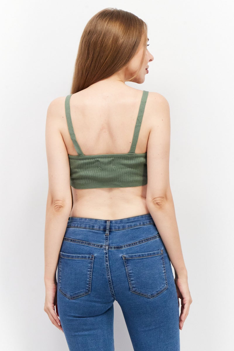 Asos Design Women V-Neck Sleeveless Textured Crop Top, Taupe Green - Image 3