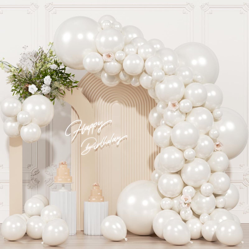OWPFJG 104pcs Pearl White Balloons Different Sizes Pack - 18/12/10/5 Inch Pearl Latex Balloons Garland Arch for Birthday, Wedding, Bridal Shower, Valentines Day Party Decoration - Image 1