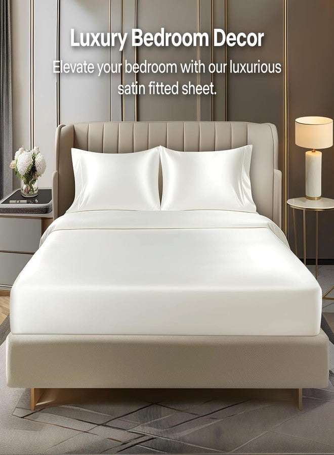 BEDELITE Satin Fitted Sheet and Pillowcases Set, Luxury Soft Similar to Silk Bottom Bed Sheet with Elastic Corner Straps, Deep Pocket up to 15 Inch, 1 Fitted Sheet and 2 Pillowcases(Queen,Ivory White) - Image 2