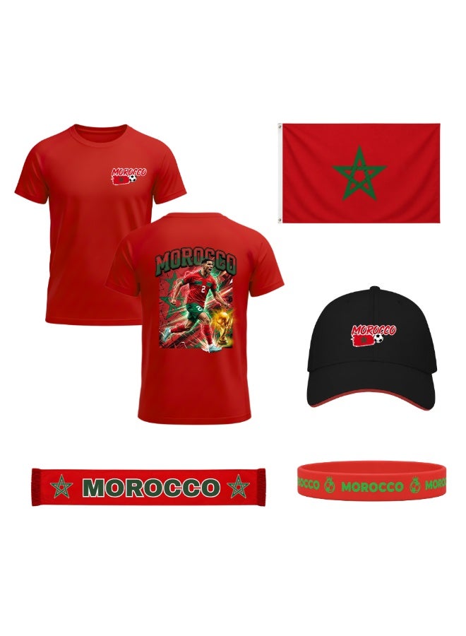 PRINTSHOP4ME Morocco Soccer Sports Combo Set | Pack of 5 | Dry-Fit T-Shirt, Cap, Scarf, Flag and Silicone Wristband | Adult Unisex Football Match Wear - Image 1