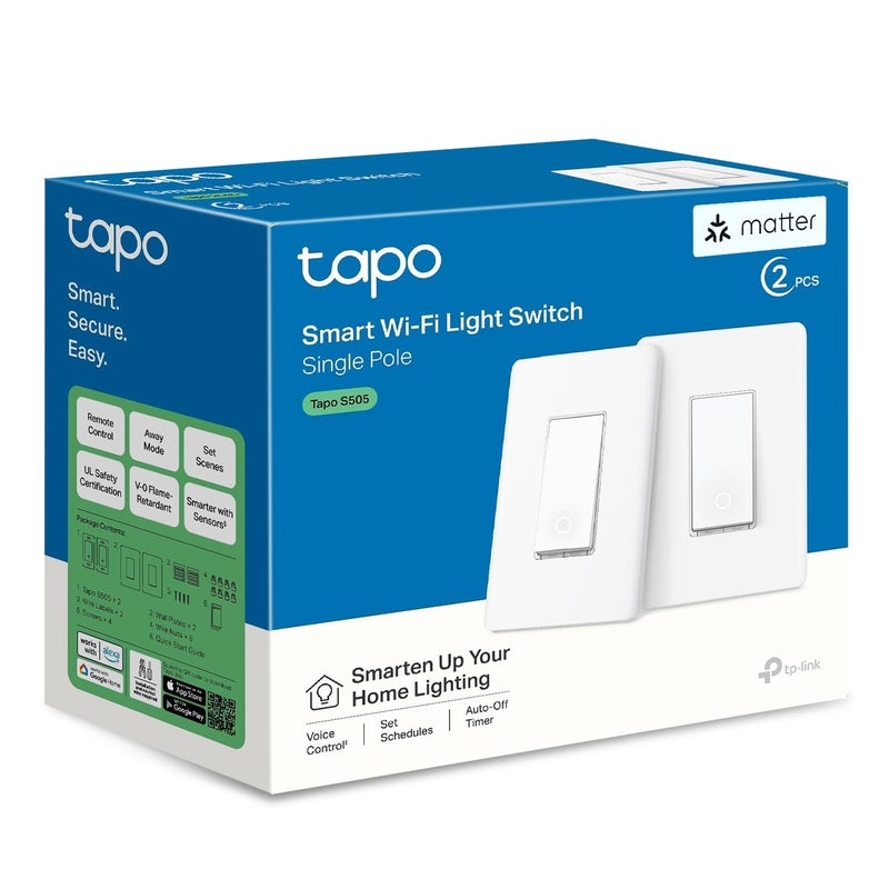 tapo TP-Link Tapo Matter Smart Light Switch: Voice Control w/Siri, Alexa & Google Home | UL Certified | Timer & Schedule | Easy Guided Install | Neutral Wire Required | Single Pole | Tapo S505(2-Pack) - Image 1
