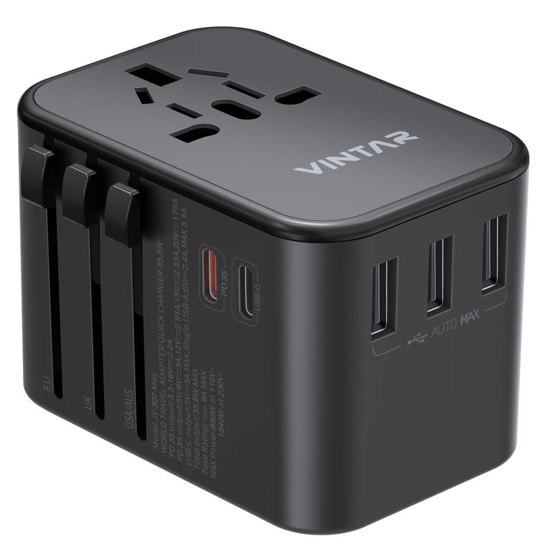 Universal Travel Adapter 355W International Power Adapter with 3 USB A QC  2 USB C PD Worldwide Travel Essentials for EUUKUSAAUS Type CGAI Black