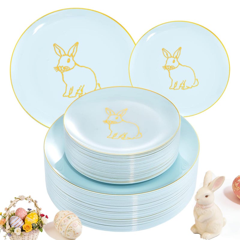 KIRE 60 Pieces Easter plates with Gold Bunny-Mint Green Plastic Plates include 30Pieces 10.25inch Dinner Bunny and 30Pieces 7.5inch Green Dessert/Salad Plates for Easter Day - Image 1