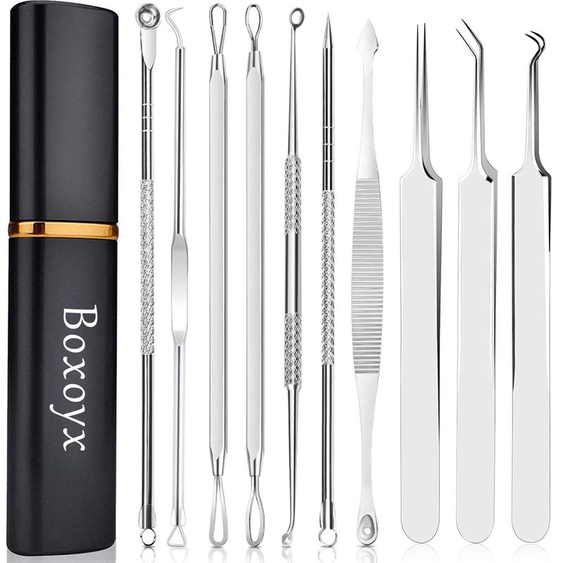 Boxoyx Pimple Popper Tool Kit - Boxoyx 10 Pcs Blackhead Remover Comedone Extractor Kit with Metal Case for Quick and Easy Removal of Pimples, Blackheads, Zit Removing, Forehead,Facial and Nose(Silver) - Image 1