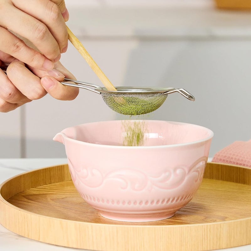 bamandan 7-Pcs Pink Matcha Whisk Set, Japanese Ceremony Matcha Kit Includes Bowl With Spout, 100% Natural Bamboo Whisk and Holder, Scoop, Scoop Rest, Strainer and Tea Towel - Ideal Gift Christmas, Birthday - Image 5