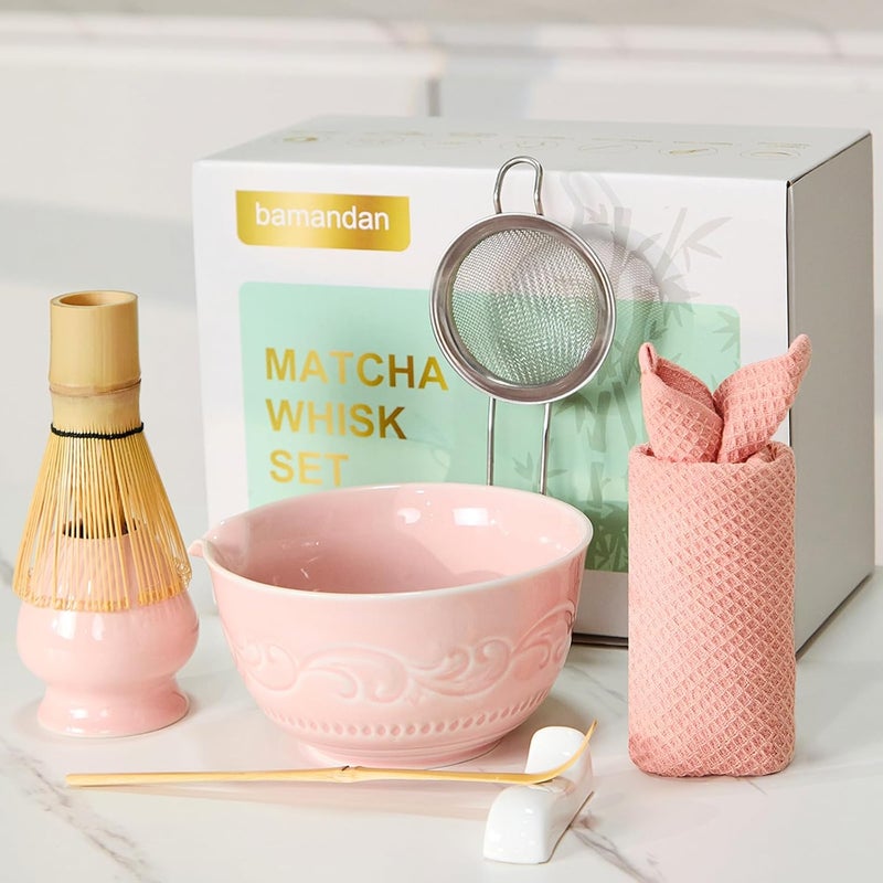 bamandan 7-Pcs Pink Matcha Whisk Set, Japanese Ceremony Matcha Kit Includes Bowl With Spout, 100% Natural Bamboo Whisk and Holder, Scoop, Scoop Rest, Strainer and Tea Towel - Ideal Gift Christmas, Birthday - Image 1