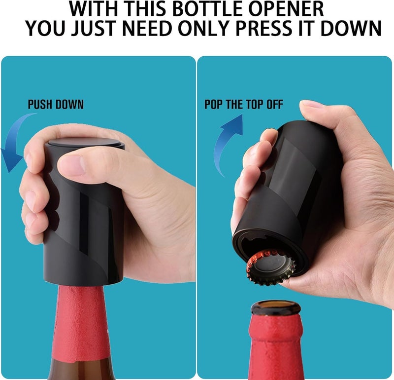 Iktu 2 Pack Push Down-Pop Off Beer Bottle Opener with Magnetic Cap Catcher No Damage to Caps,Automatic Decapitator Beer/Soda Magnet Bottle Top Openers,One-Hand Easy/Funny Open,Cool Bartender Tools (Black) - Image 2