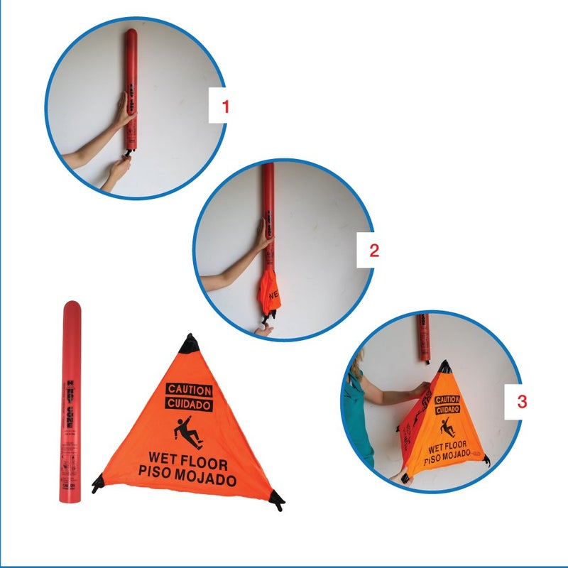 Handy Cone علامة تحذير من الأرضية المبللة باللون البرتقالي (إنجليزي/إسباني) مع أنبوب تخزين "3-عبوات" - Image 3