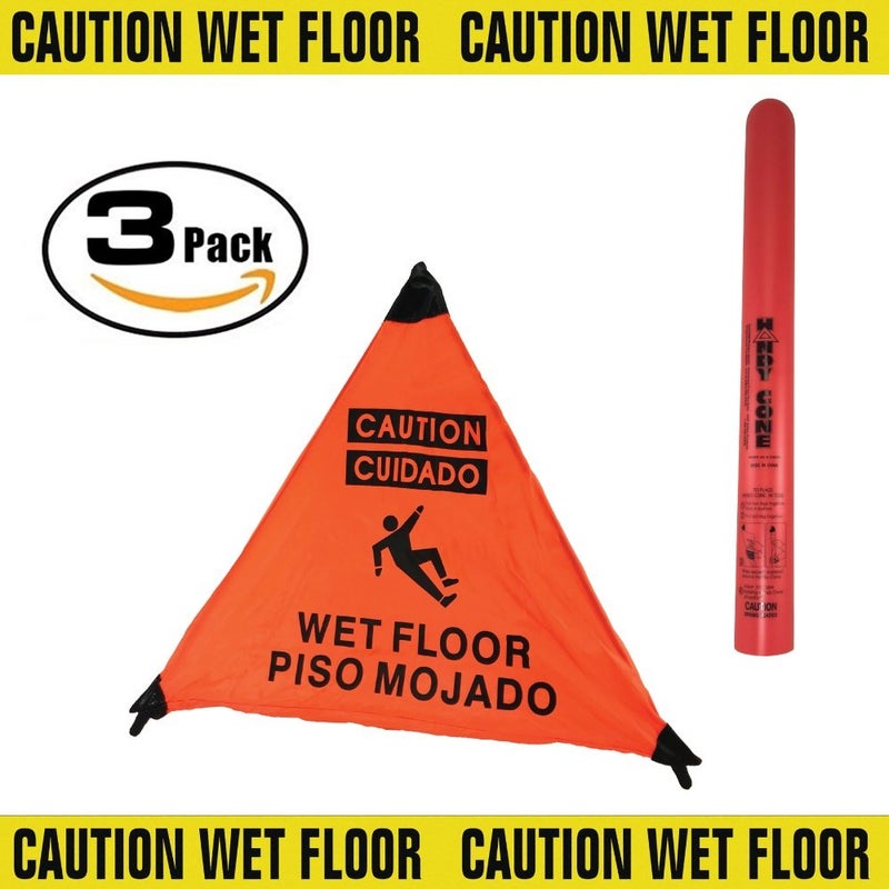 Handy Cone علامة تحذير من الأرضية المبللة باللون البرتقالي (إنجليزي/إسباني) مع أنبوب تخزين "3-عبوات" - Image 2