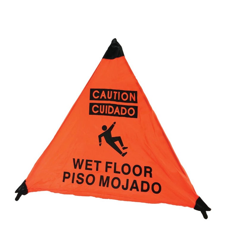 Handy Cone علامة تحذير من الأرضية المبللة باللون البرتقالي (إنجليزي/إسباني) مع أنبوب تخزين "3-عبوات" - Image 1