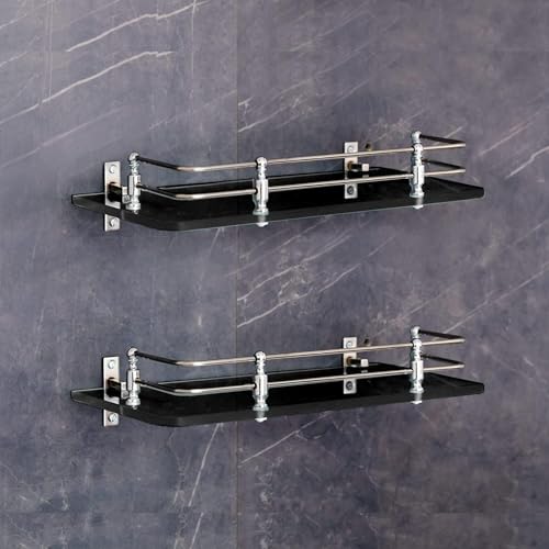 FORTUNE Multipurpose Wall Hung Glass Front Bathroom Shelf with Wall Brackets Storage Holder, Bathroom Accessories 12 x 6 -inch - Black (Pack of 2) - Image 1