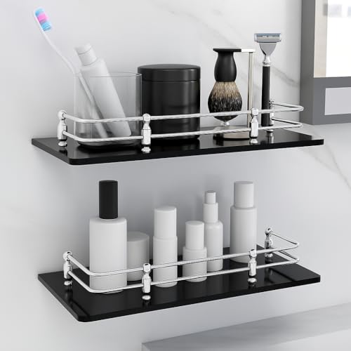 FORTUNE Multipurpose Wall Hung Glass Front Bathroom Shelf with Wall Brackets Storage Holder, Bathroom Accessories 12 x 6 -inch - Black (Pack of 2) - Image 2