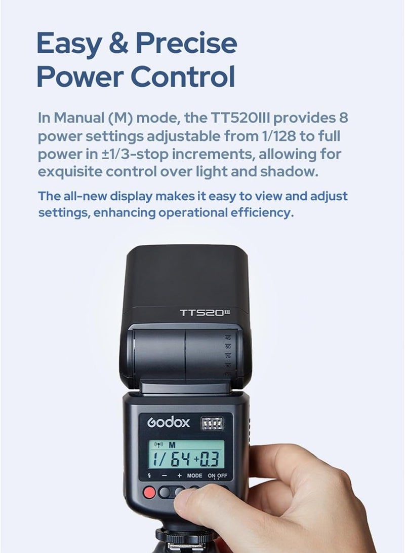 Godox TT520III Camera Flash, 1.8s Recycle Time, 400 Full Power Flash, Built-in Receiver and RT Transmitter for Canon Nikon Panasonic Olympus Pentax and Other DSLR Cameras (NO TTL, TT520II Upgrade)  - Image 4